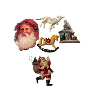 5 VINTAGE RETRO CHRISTMAS ORNAMENTS, 80s  SANTA ,HORSE